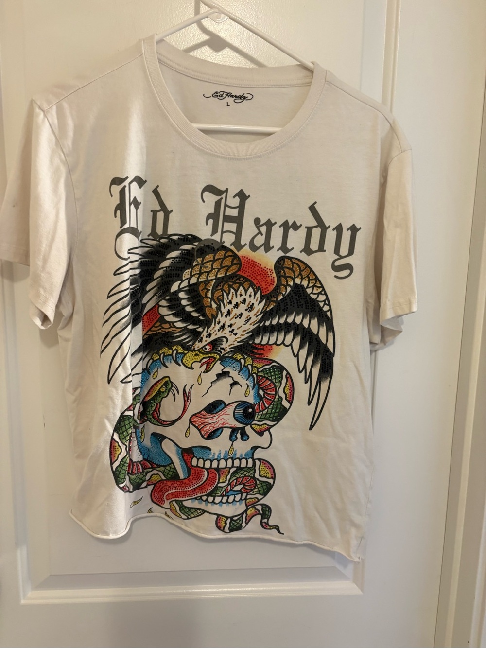 Ed Hardy White Short Sleeve Tee with Eagle, Skull & Colorful Snake Graphic
